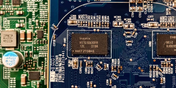 Detailed close-up of computer circuit boards highlighting electronic components and intricate circuitry.