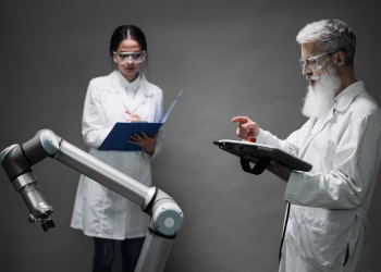 Scientists in a lab working with a robot, focusing on technological innovation and development.