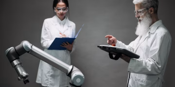 Scientists in a lab working with a robot, focusing on technological innovation and development.