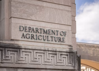 Close-up of the Department of Agriculture building facade with architectural details.