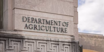 Close-up of the Department of Agriculture building facade with architectural details.