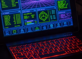 Futuristic digital interface displayed on laptop screen with neon red keyboard.