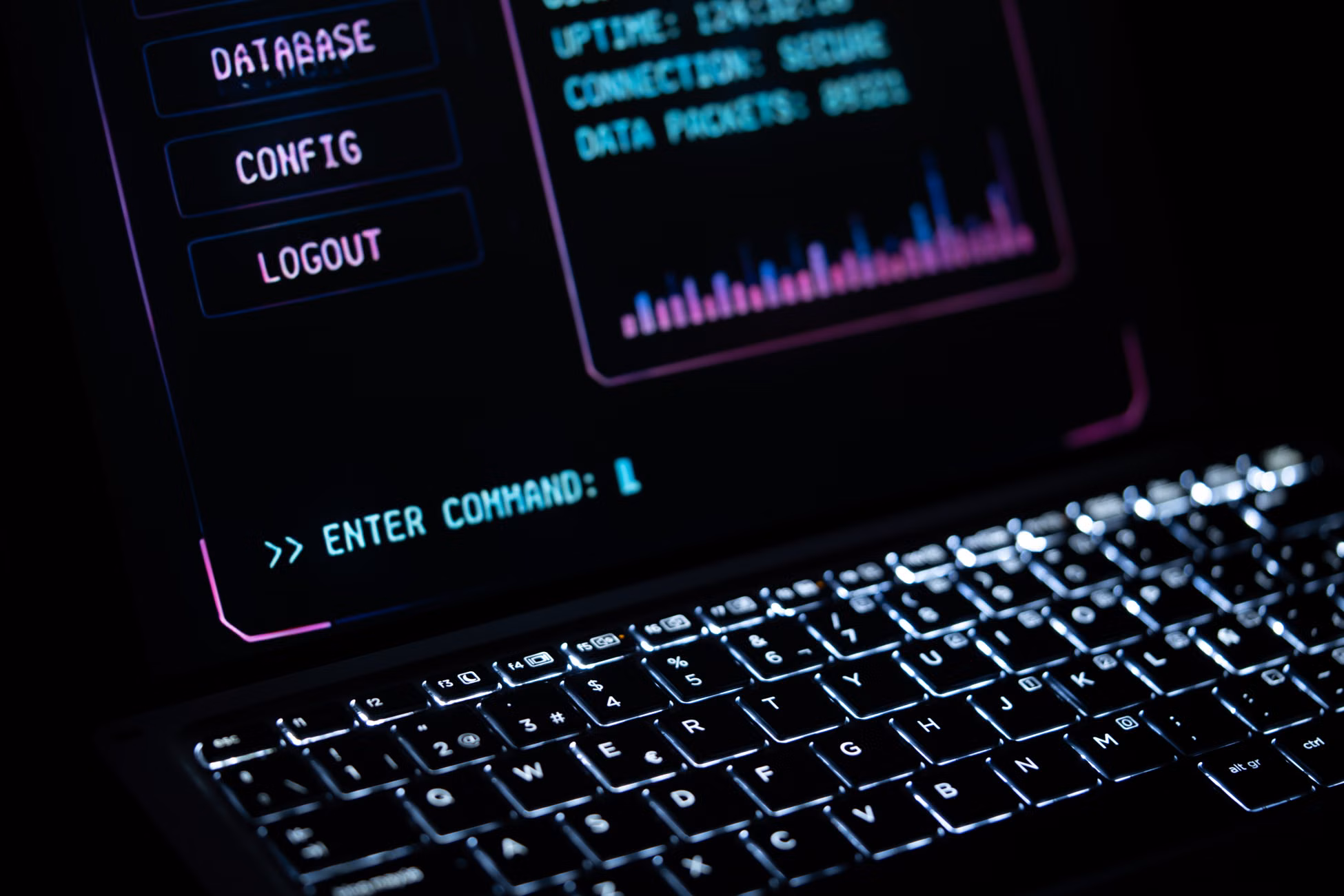 Close-up of a glowing laptop keypad with digital interface, representing futuristic technology.