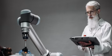 Senior scientist observing robot performing a task indoors.