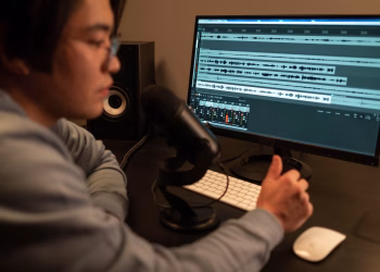 Sound engineer working on audio editing with a computer in a recording studio.