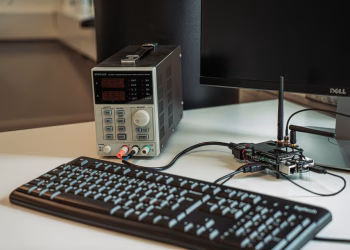 A high-tech desktop setup featuring a power programmer, computer keyboard, and monitor