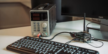 A high-tech desktop setup featuring a power programmer, computer keyboard, and monitor