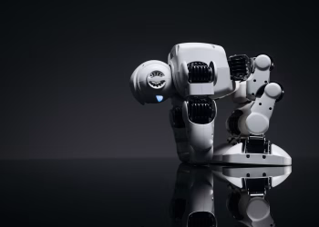 A modern robot toy depicted in a studio environment with its reflection visible on a dark surface.