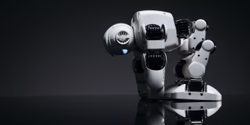 A modern robot toy depicted in a studio environment with its reflection visible on a dark surface.