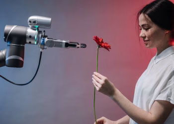 A woman receives a red flower from a robotic arm symbolizing harmony of technology and nature.