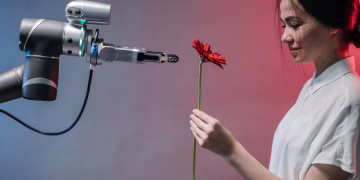 A woman receives a red flower from a robotic arm symbolizing harmony of technology and nature.