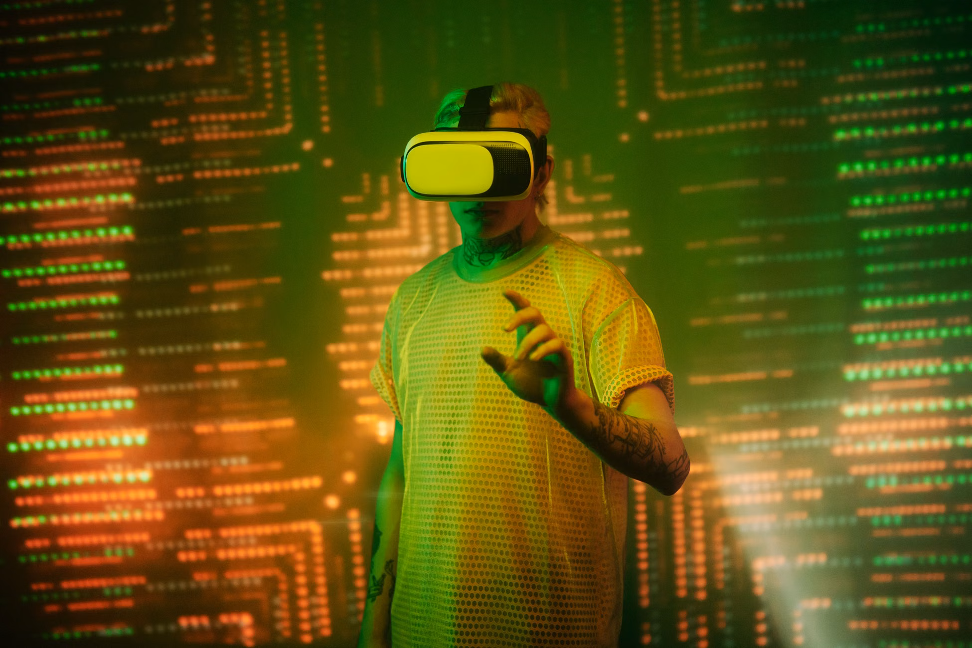 Person immersed in virtual reality, illuminated by vibrant lights, in a futuristic tech environment.
