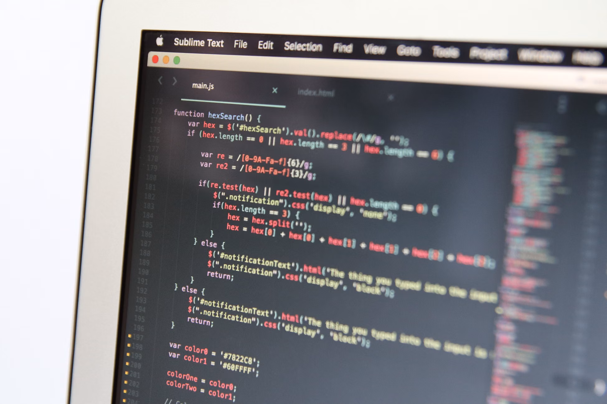 Close-up image showing JavaScript code on a computer screen, reflecting modern programming work.