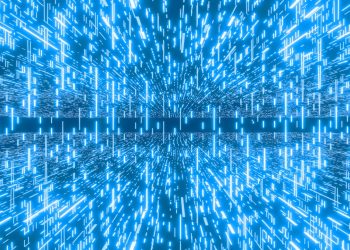 Blue glowing lines create a digital, futuristic pattern.