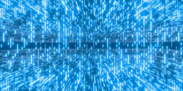 Blue glowing lines create a digital, futuristic pattern.