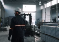 A worker in protective gear supervises operations in a modern Ankara factory.