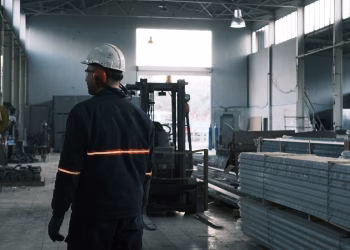 A worker in protective gear supervises operations in a modern Ankara factory.