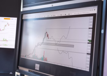 Close-up of stock market analysis charts on a monitor, showcasing market trends.
