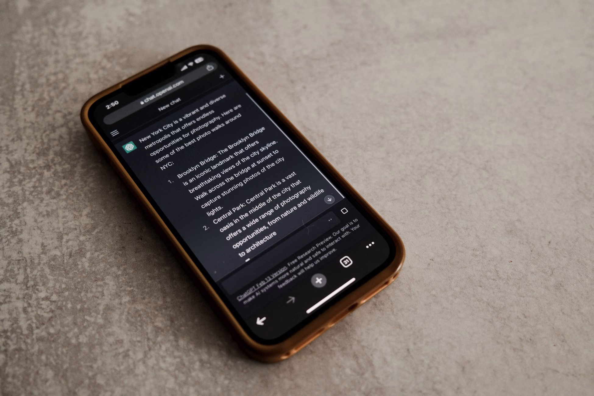 Close-up of smartphone with text about New York City tourist spots. Technology and communication theme.