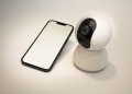 A modern smart home security camera next to a blank screen smartphone, showcasing home automation technology.