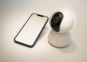 A modern smart home security camera next to a blank screen smartphone, showcasing home automation technology.