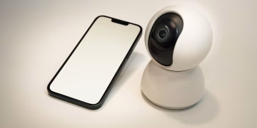 A modern smart home security camera next to a blank screen smartphone, showcasing home automation technology.