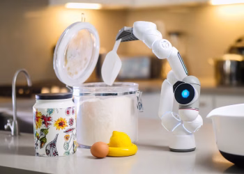 A robotic arm measuring flour on a modern kitchen counter, highlighting innovation in technology.