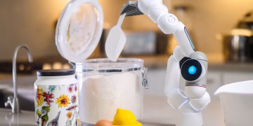 A robotic arm measuring flour on a modern kitchen counter, highlighting innovation in technology.