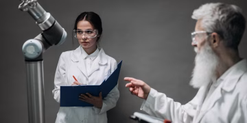 Scientists in lab coats analyze advanced robotics technology, highlighting innovation and teamwork.