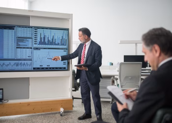 Professional conducts data analysis presentation in a modern office setting.