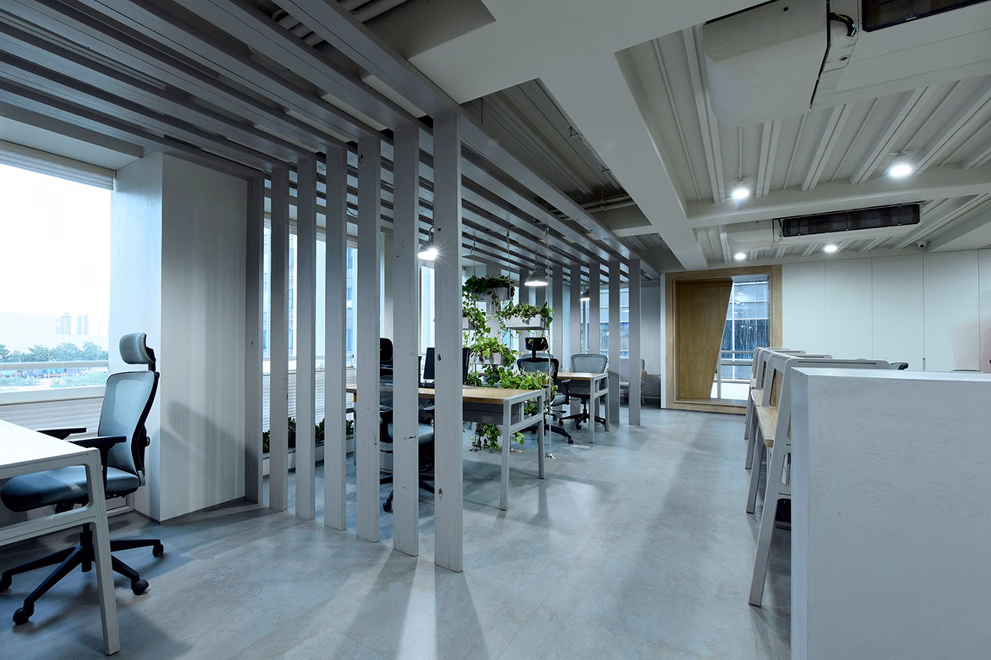 Spacious modern office in Ahmedabad with an open design and indoor plants.