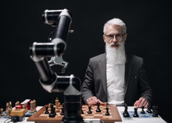 Elderly man in suit competes against a robotic arm in an intense chess game.