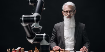Elderly man in suit competes against a robotic arm in an intense chess game.