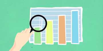 From above of decorative cardboard appliques of human hand with magnifying glass above diagram on green background