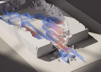 A conceptual 3D artwork featuring geometric patterns in a simulated excavation.