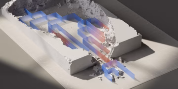 A conceptual 3D artwork featuring geometric patterns in a simulated excavation.