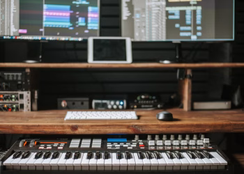 Professional music production setup featuring keyboard, computer screens, and audio equipment.