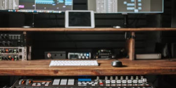 Professional music production setup featuring keyboard, computer screens, and audio equipment.