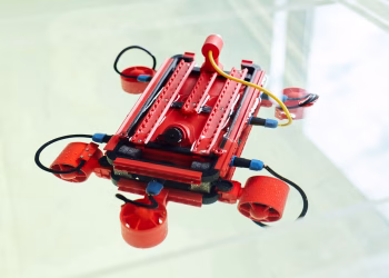 Robot made with 3d printer with cables and wires against white background