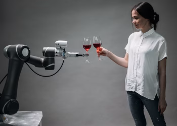 A woman in casual attire shares a toast with an advanced robotic arm, reflecting modern technology and innovation in robotics.