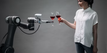 A woman in casual attire shares a toast with an advanced robotic arm, reflecting modern technology and innovation in robotics.