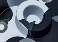 A stunning 3D abstract design featuring black and white geometric shapes in a modern composition.