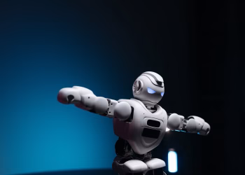 Close-up of a futuristic robot toy with glowing eyes against a blue background, symbolizing innovation.