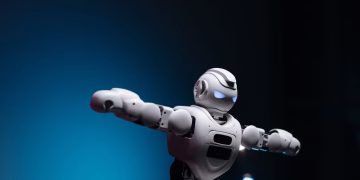 Close-up of a futuristic robot toy with glowing eyes against a blue background, symbolizing innovation.
