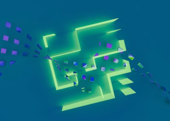 A vibrant 3D abstract design with glowing neon geometric shapes on a blue background.