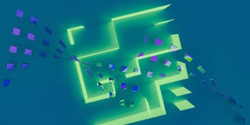 A vibrant 3D abstract design with glowing neon geometric shapes on a blue background.