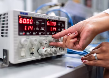 Close-up of a woman adjusting a DC power supply in a lab setting, indicating a hands-on approach to scientific research.