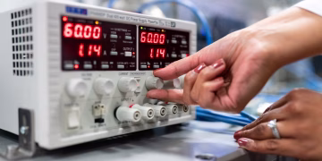 Close-up of a woman adjusting a DC power supply in a lab setting, indicating a hands-on approach to scientific research.
