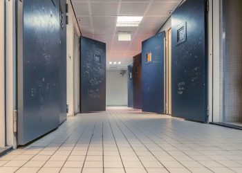 Low angle view of a modern hallway with open blue doors and white tiled flooring, creating a clean and tranquil environm