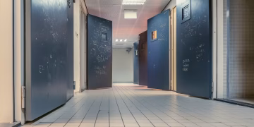 Low angle view of a modern hallway with open blue doors and white tiled flooring, creating a clean and tranquil environm